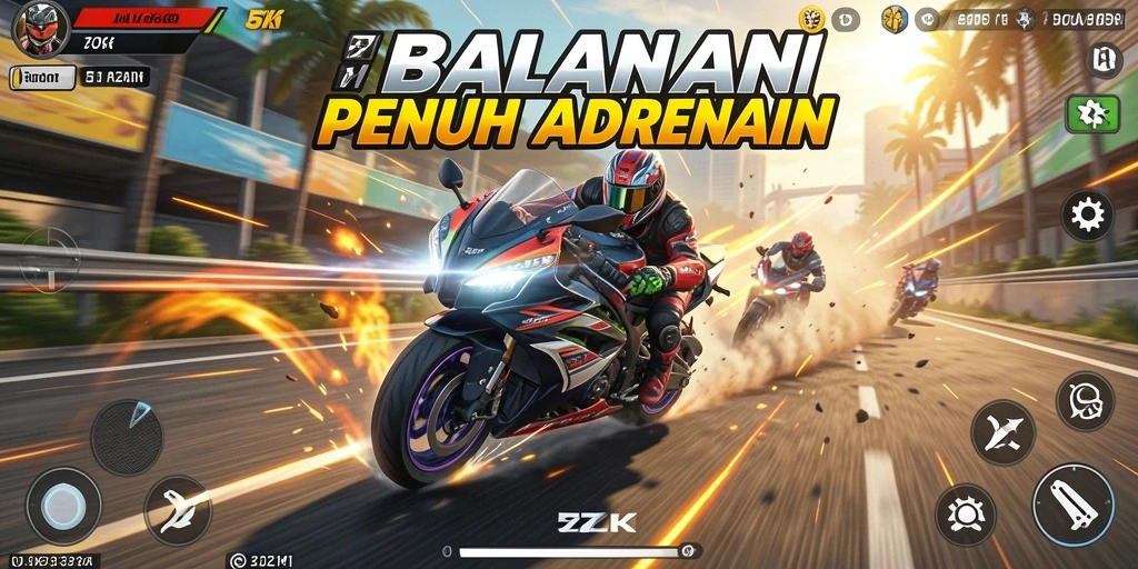 Screenshot gameplay 5ZK menampilkan aksi balapan motor yang seru dan mendebarkan.
