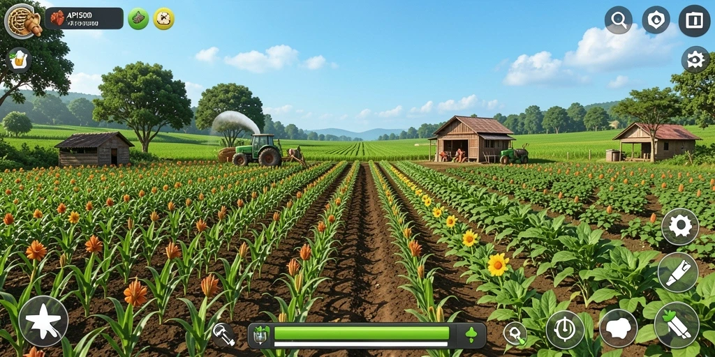 Screenshot gameplay API5000 dengan pemandangan kebun yang indah.
