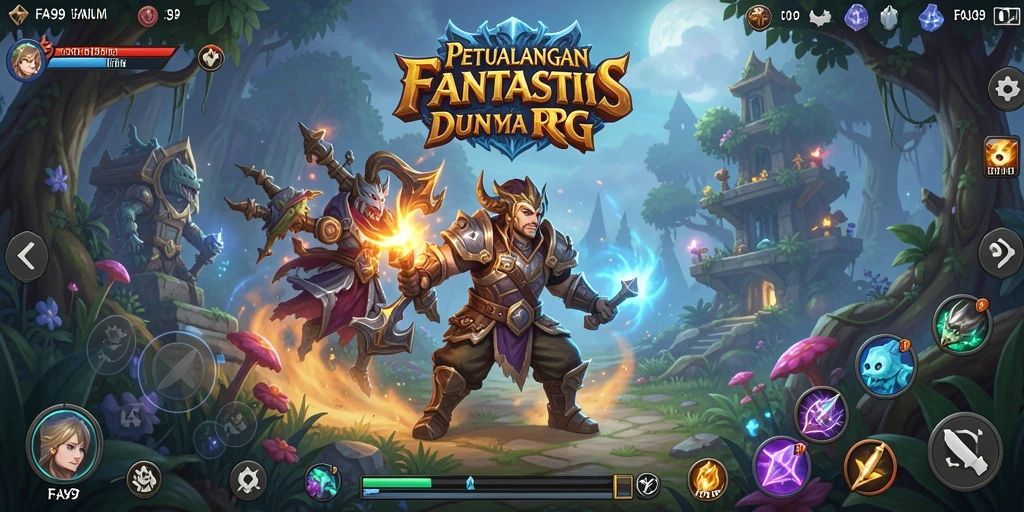 Tangkapan layar utama FA99 menampilkan aksi epic dalam permainan RPG.
