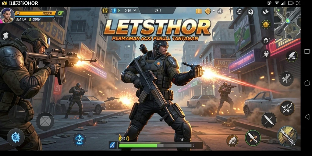 Tangkapan layar gameplay LETSTHOR menampilkan pertarungan seru dan aksi nonstop.