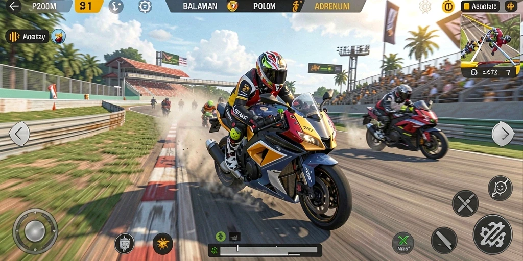Tampilan gameplay P200M saat balapan motor yang mendebarkan.