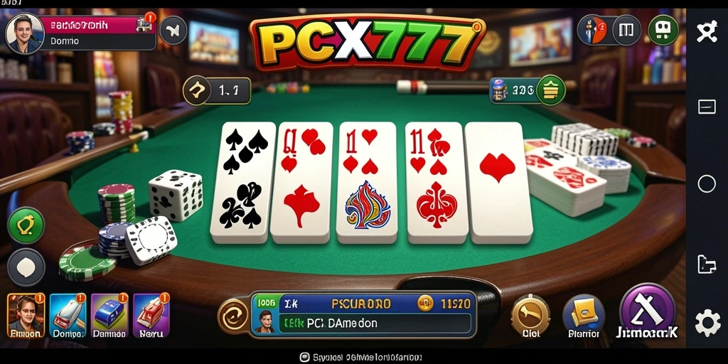 Screenshot PCX777 menampilkan suasana permainan Domino yang intens.