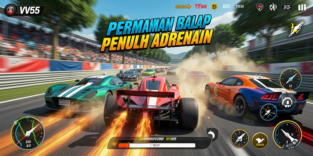 Screenshot gameplay VV55 yang menunjukkan balapan mendebarkan.